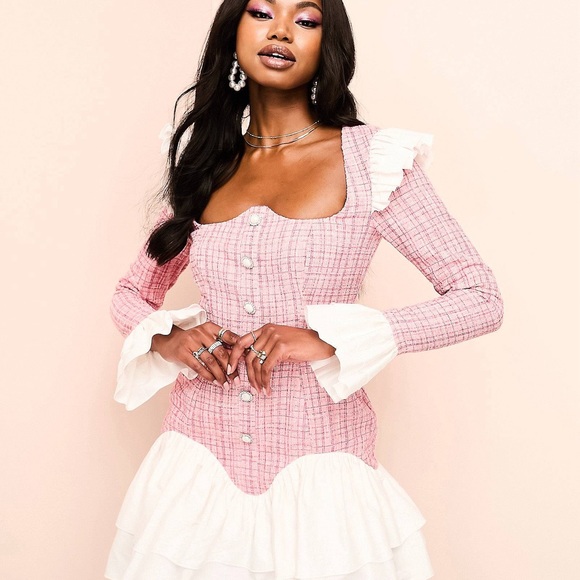 ASOS LUXE boucle mini dress with poplin tiered skirt in pink - Picture 6 of 8